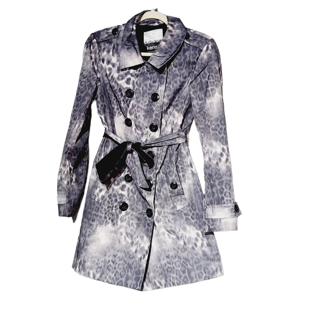 𝅺GRAY Animal Print Belted DbL Breasted Trench Coat Size: S - Picture 4 of 14